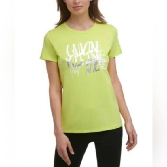 Calvin Klein Womens Performance Script Logo T-Shirt,Lime Volt,Large - Picture 1 of 6